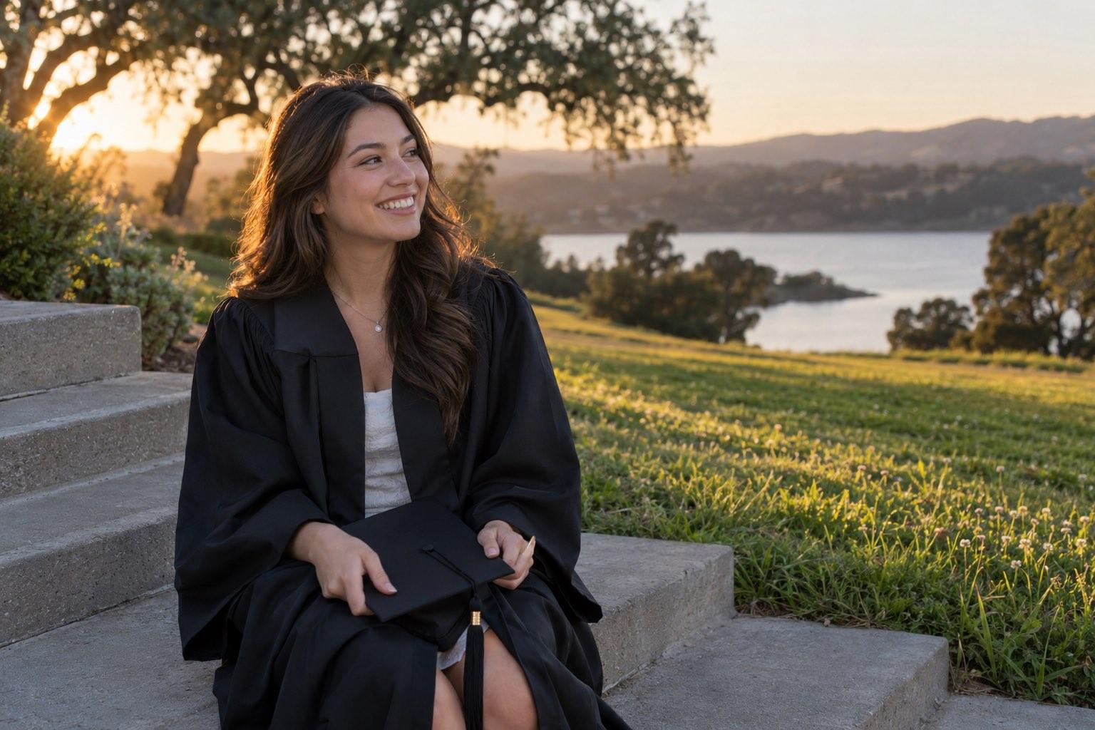 Graduate in a black gown holding her cap on concrete steps beside a lawn and lake at sunset