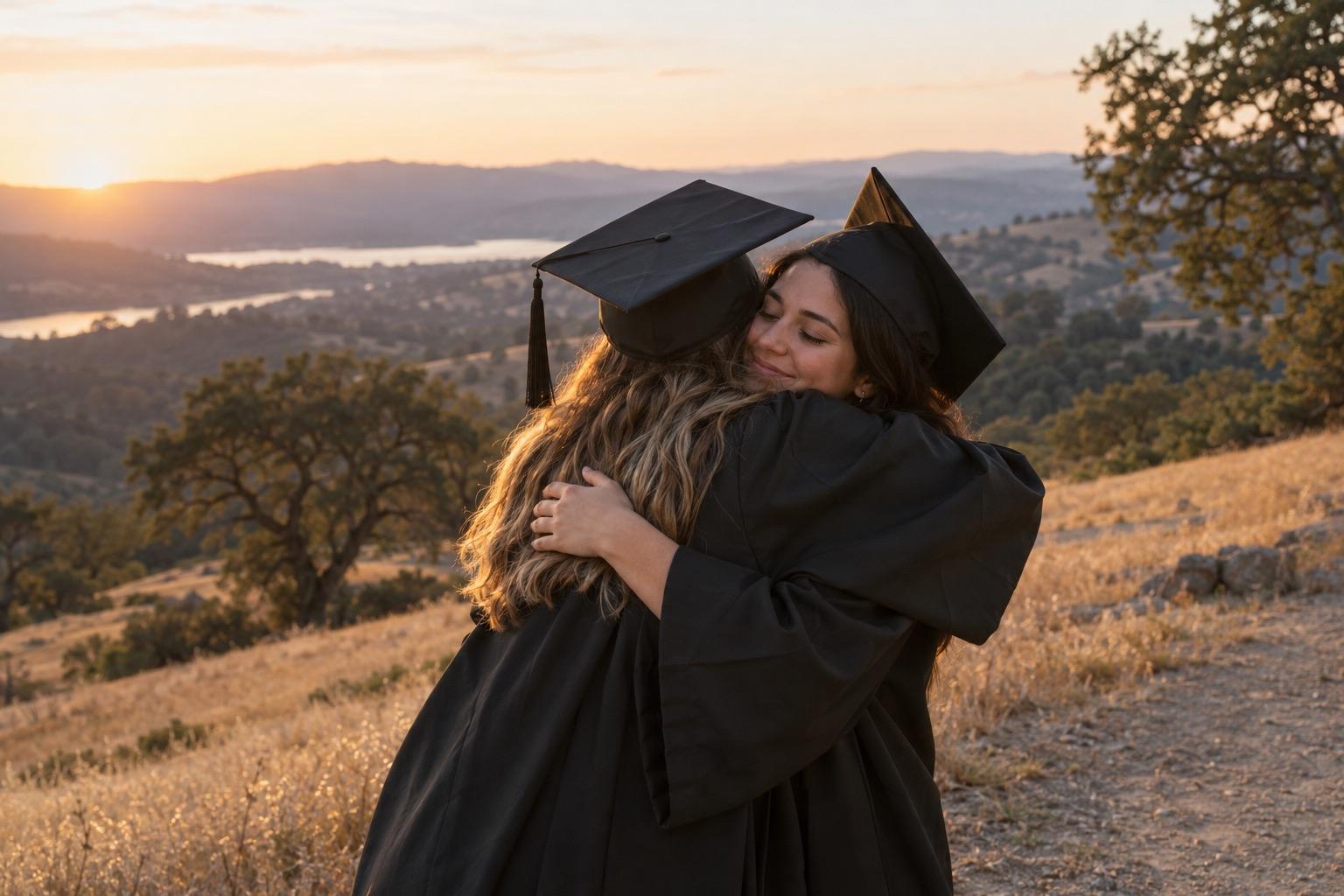 Two graduates in caps and gowns hugging on a golden-grass foothill path at sunset