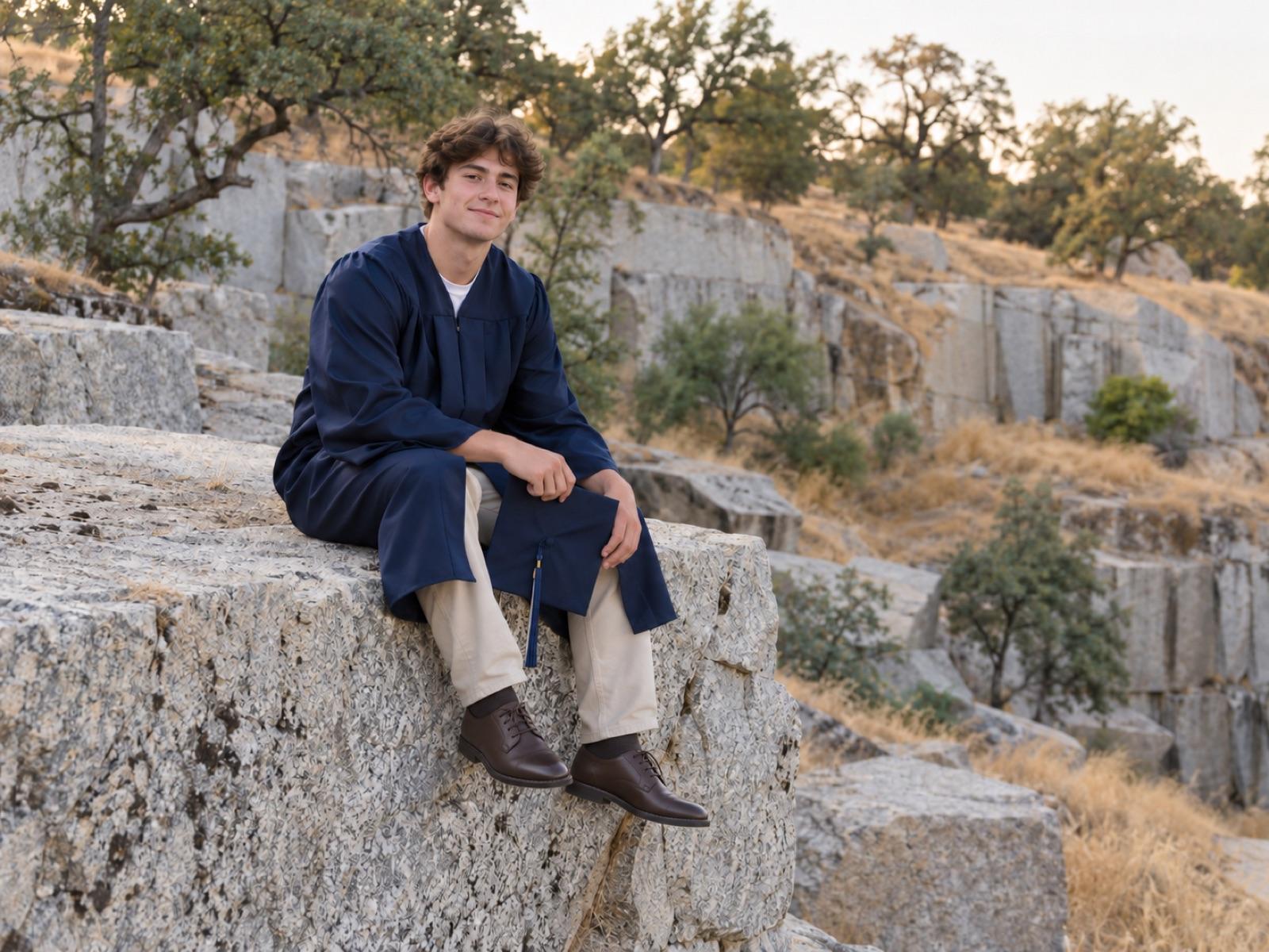 Graduate in a navy cap and gown sitting on a granite ledge at a former quarry in Rocklin, California