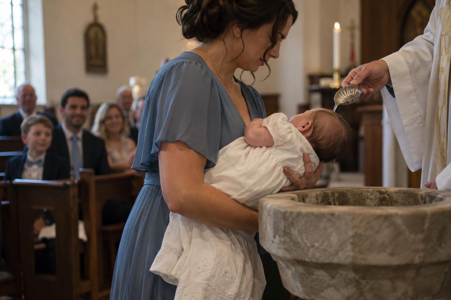 Godmother holding a baby in a white christening gown during a baptism: Sacramento baptism photography