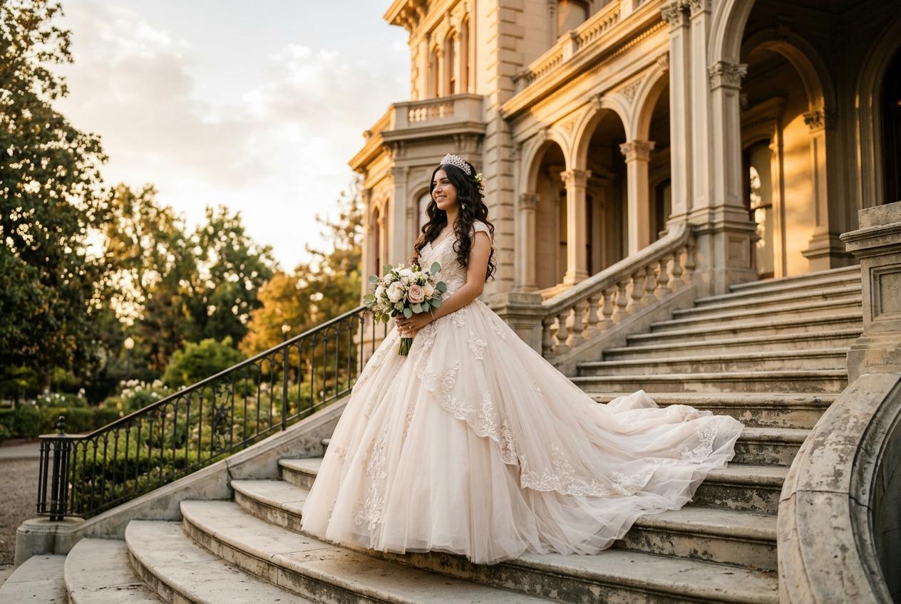 Sacramento quinceañera portrait of a young Latina in a ballgown on the steps of a historic California building at golden hour
