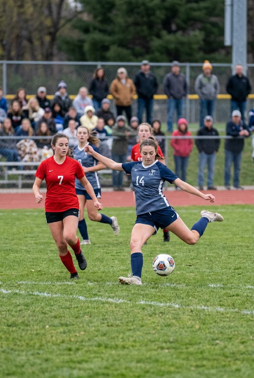 High school soccer player striking the ball during a match — Sacramento sports photographer