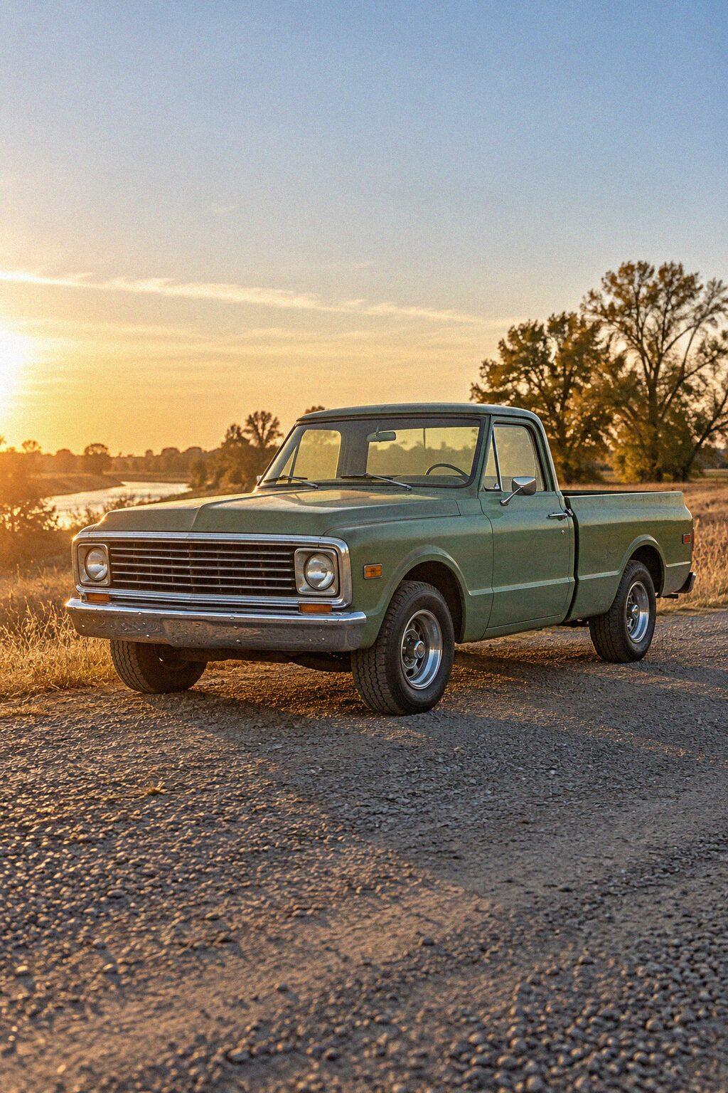Restored green pickup truck parked on a Delta levee road at golden hour: Sacramento car photography