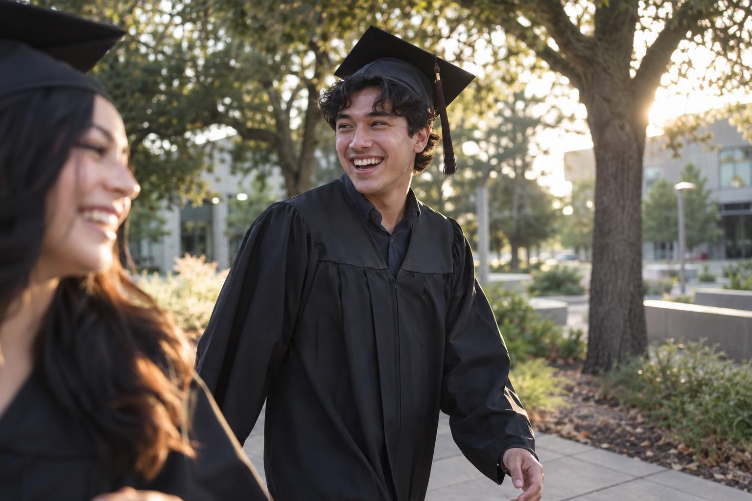 Graduate in a black cap and gown laughing on a tree-lined campus walkway at golden hour with a friend in the foreground